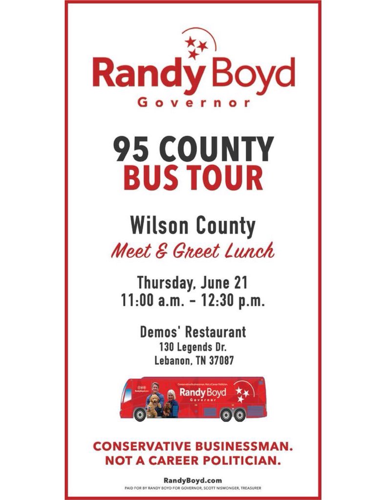 @randyboyd Bus Tour is coming to Wilson County!  Join us at #Demos in Lebanon Thursday June 21, 11-12:30 for a Dutch Treat Meet & Greet!  #RunWithRandy #BoydBusTour #MeetAndGreet  #MeetRandy