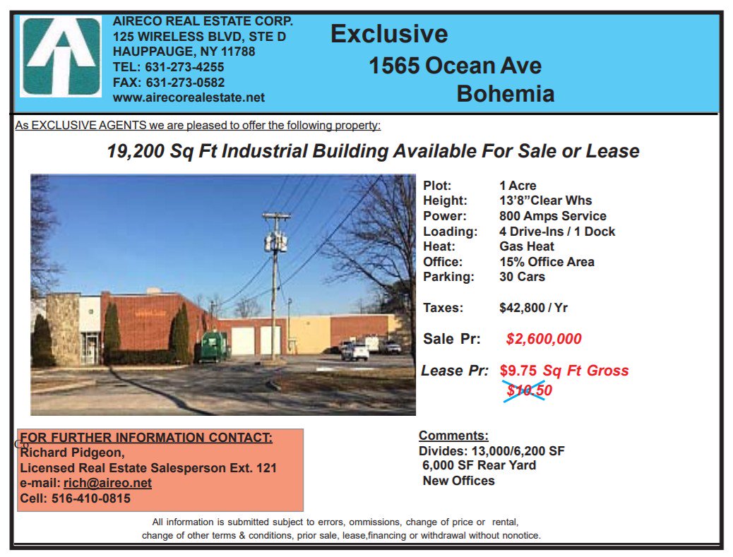 AIRECO Real Estate Exclusive Listing in Bohemia, Long Island, NY:
19,200 Sq. Ft. Industrial Building Available For Sale or Lease ...
bit.ly/1N7QRPC  
#RealEstate