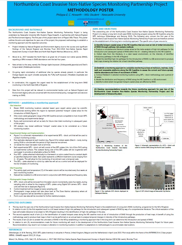 Take a look at the #methodologyposter I presented at the #nonnativespecies #stakeholderforum in York last week! The poster outlines the aims and objectives of the project, the establishment of a monitoring approach and the expected outcomes. @newcastlemarine @NE_Northumbria