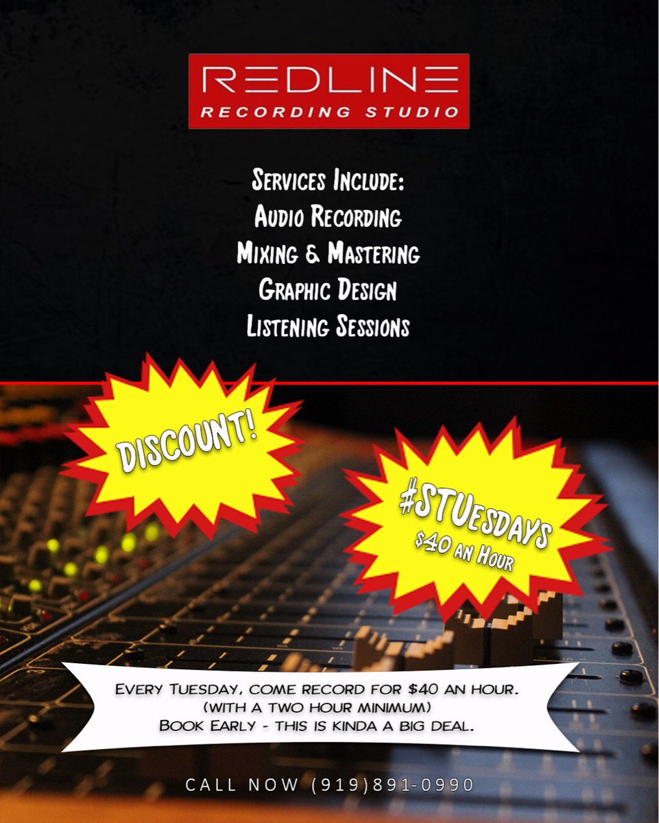 BENSIK's tweet photo. It’s #STUesdays at @RedLine919 ! Come record EVERY TUESDAY at the discounted rate of $40 an hour. #Recording #Studios #NC https://t.co/jkFOaFqTv8