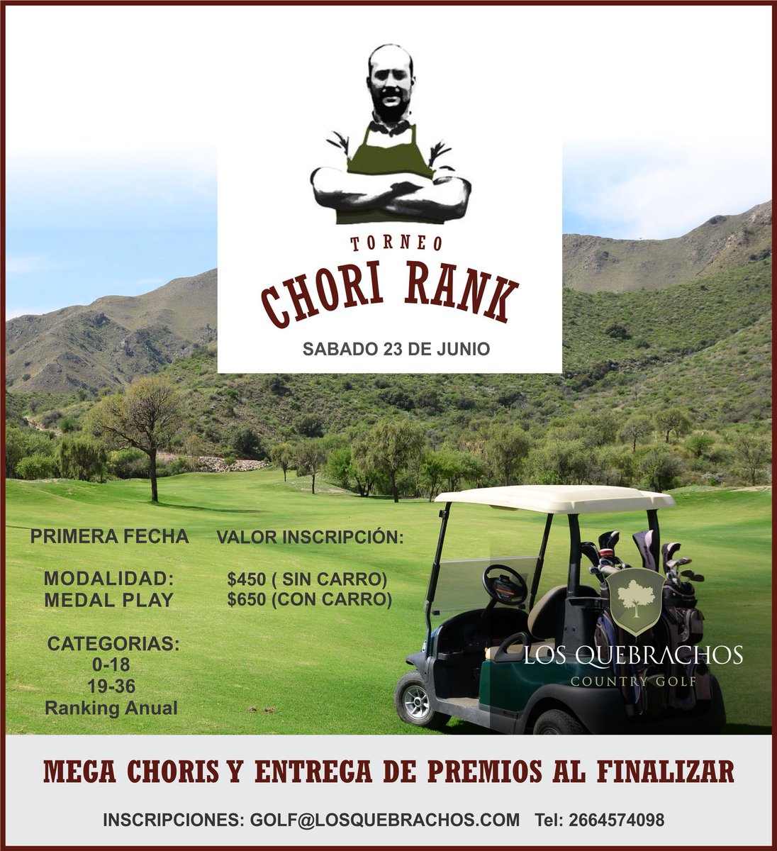 Queridos golfistas, los invitamos este sábado a participar de La primer fecha del “Chori Rank”. Habrá un torneo por mes de acá a fin de año con un Ranking General y además cada fecha premiará al 1ro y 2do de cada categoría. Salidas simultáneas 10:30 am. LOS ESPERAMOS!!!