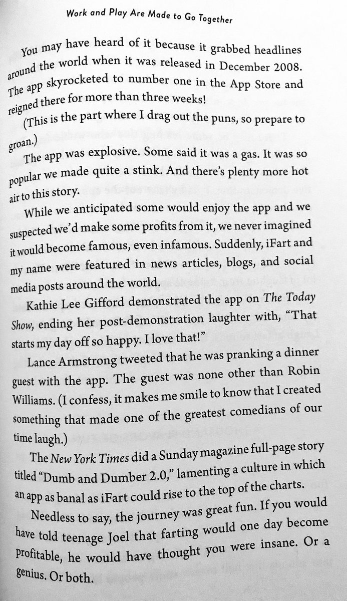 ChrisStrub's tweet photo. Generously sharing this entire page, because I read the first 80 pages of #FunFormula waiting for @joelcomm to reference his famous iFart app. This is the most fun page of the whole book. (And now I want to see that The New York Times article ...) https://t.co/le5uwWlIcV