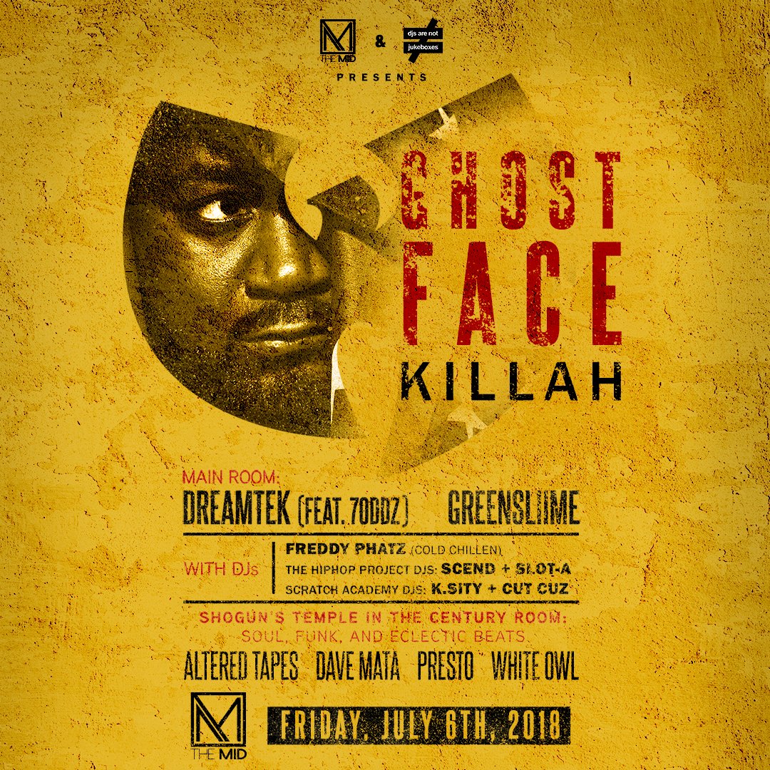 🎤 🎧 Hip Hip legend <a href="/GhostfaceKillah/">Ghostface Killah</a> is taking the stage at the MID Friday, 7/6 with support by Dreamtek (ft 7oddz), Sllime, Freddy Phatz and more! Plus Shogun's Temple in the Century Room!

Tickets on-sale now -&gt; fanlink.to/GHFMID18 🎫🎟️