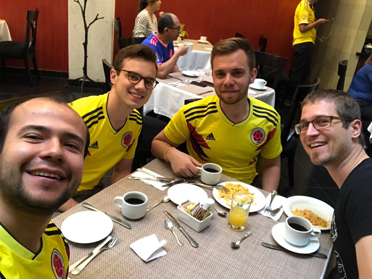A UNT student jazz quartet is currently touring Colombia to teach workshops &amp; play concerts, led by Colombian DMA student Daniel Pinilla (left). This morning they watched the Colombia-Japan game.