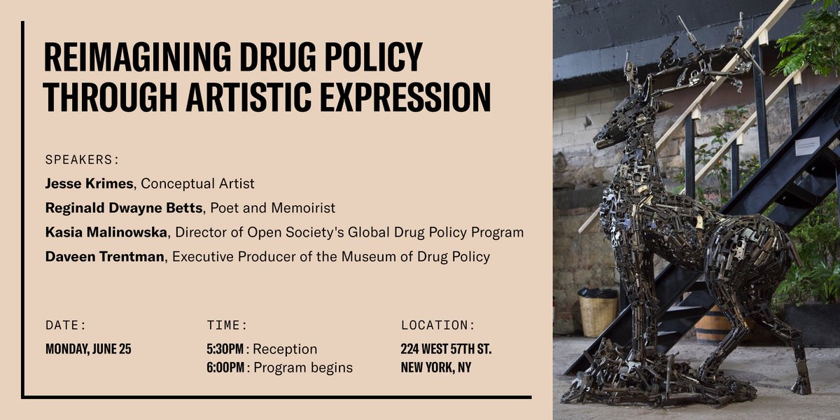OSF_IHRD's tweet image. [EVENT] Join us @opensociety in NYC on June 25, 5:30PM for: Reimagining Drug Policy Through Artistic Expression: Museums, Marches, and More w/ @dwaynebetts @jesse_krimes @daveentrentmann @OSFKasia 

RSVP: osf.to/2tiK68K #supportdontpunish #drugpolicymuseum