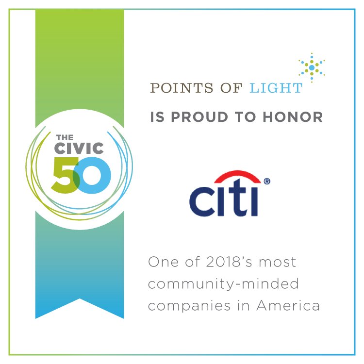 Our commitment to enabling progress in communities around the world has landed us on the @PointsofLight #Civic50 list of corporate changemakers for the sixth year in a row! on.citi/2K2EOp7