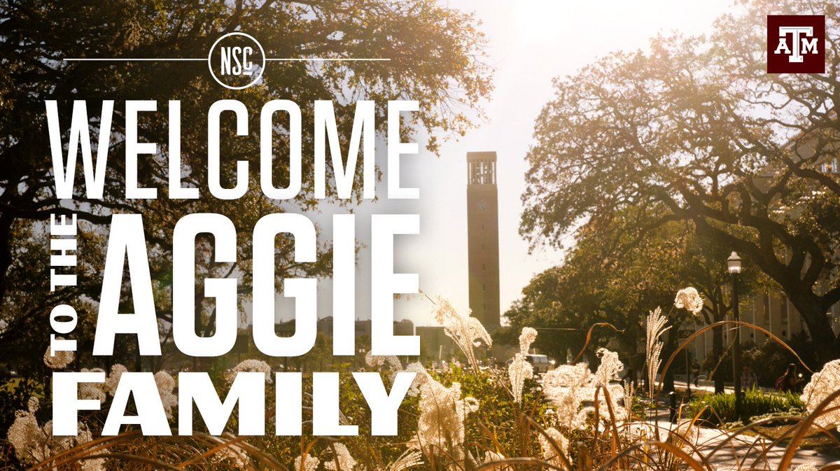 text "Welcome to the Aggie Family" on a photo looking toward Albritton Tower from Military Walk