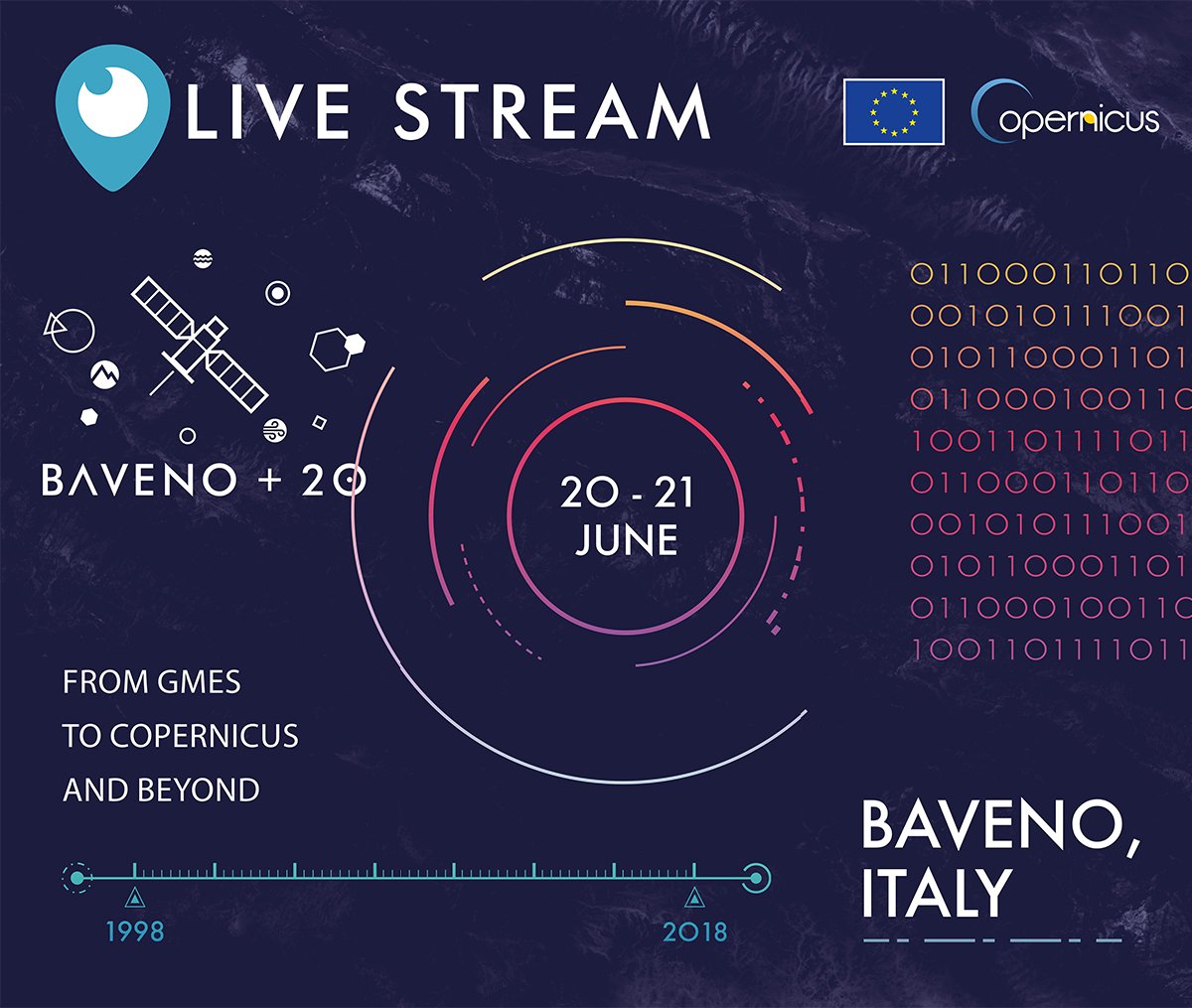 CopernicusEU's tweet photo. 📹#Copernicus20 Live Streaming - Experience Baveno+20 together with us
We will #livestream the entire Baveno+20 event via @PeriscopeCo! We will start on 20 June 18:50 (UTC+2), and continue on 21 June but you can join us at any point of the event.
See more: https://t.co/bie2m2c0vQ https://t.co/rx5SsJm23P