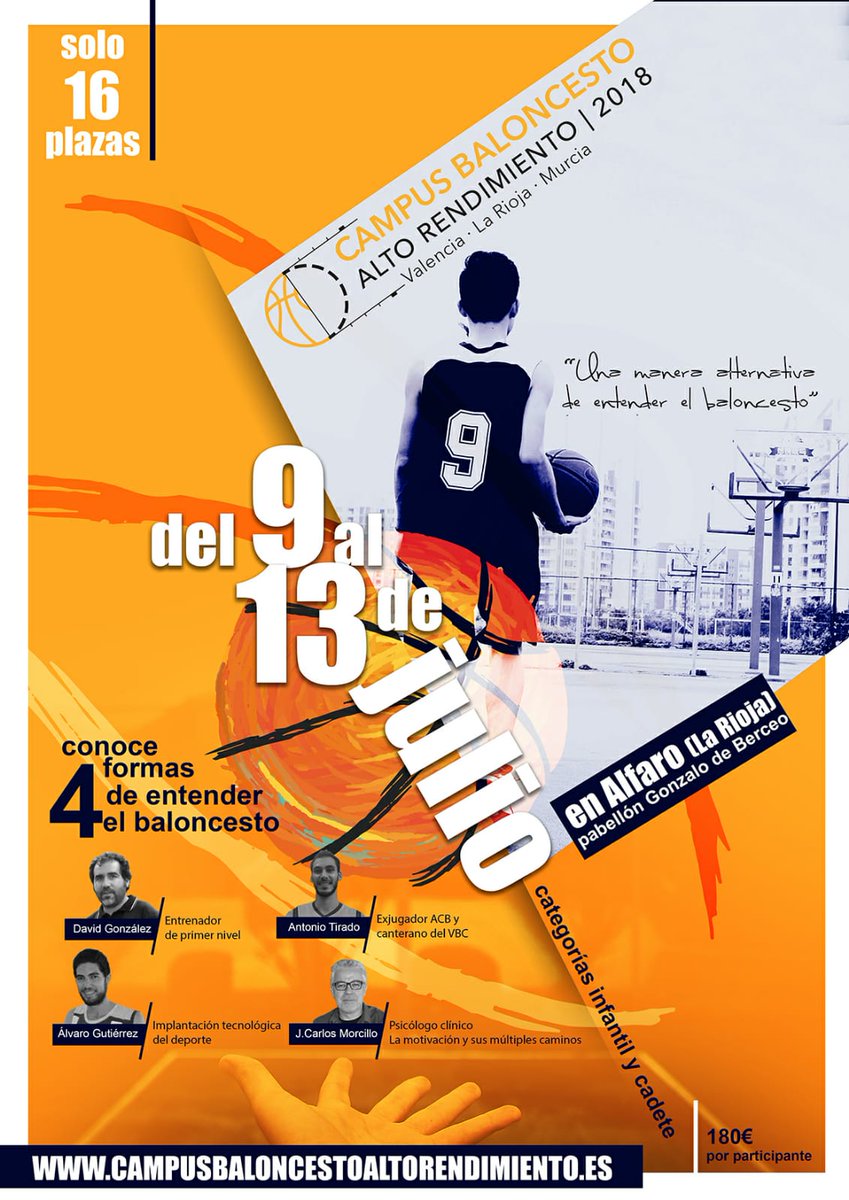 Habemus CAMPUS de baloncesto en Alfaro! El Campus de Alto Rendimiento mostrará 4 visiones para SÓLO 16 jugadores infantiles y cadetes con personal de primera.
Será del 9 al 13 de JULIO en el pabellón del instituto. Toda la información e inscripciones campusbaloncestoaltorendimiento.es
