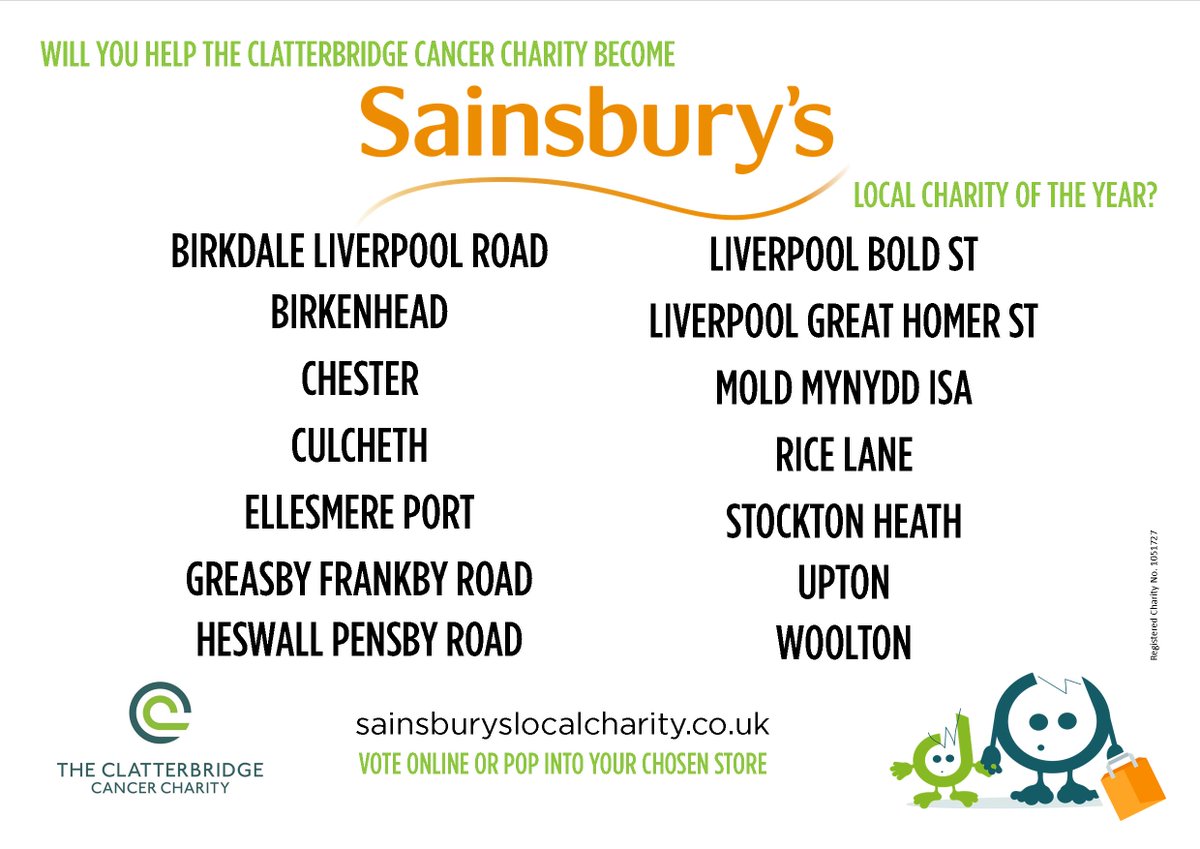 ***WE NEED YOUR VOTES*** Help <a href="/ClatterbridgeCC/">Clatterbridge Cancer Charity</a> become <a href="/sainsburys/">Sainsbury's</a> local Charity of the Year! Will you give a few moments of your time to vote &amp; help us win? Visit sainsburyslocalcharity.co.uk  to vote or pop in to one of these stores. Thank you 💚 facebook.com/events/9690014… Pls RT