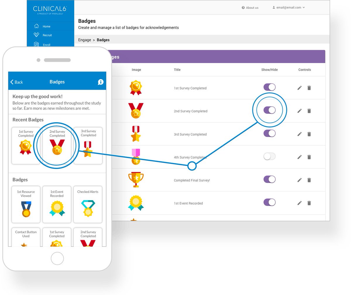 Parallel6's tweet image. RT @Clinical6mobile: Increase engagement through proven gamification strategies. Patients can engage by scoring points, earning badges, or gaining monetary rewards for actively participating in the clinical trial. parallel6.com/engage/