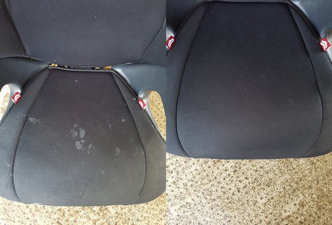 Before and after with our stain removal process on a car seat, included in our gold or platinum valets.