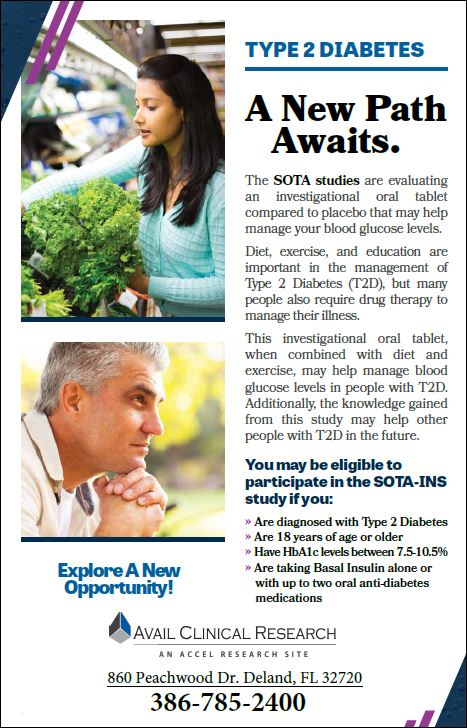 AvailClinical's tweet photo. Do you have Type 2 Diabetes? You may qualify for our study of an investigational medication. If you are 18 years of age or older call today to explore a new opportunity 386-785-2400 or visit us online at https://t.co/O9CxpRTdAJ https://t.co/YvbQPfiOXb