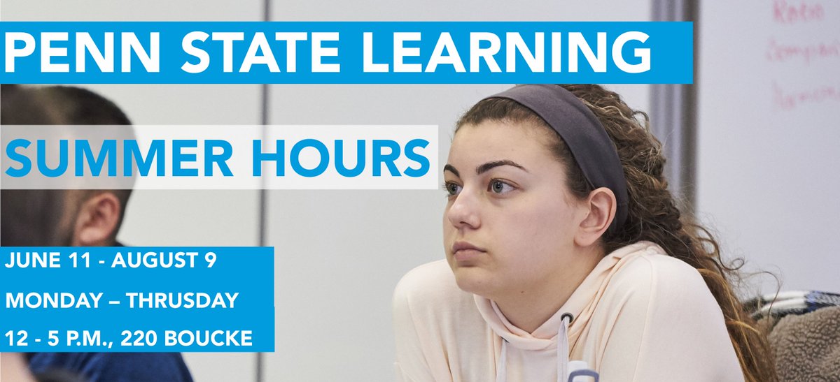 PSU_Undergrad's tweet photo. With Summer Session I ending this Friday, Penn State Learning wants to help you prepare for finals. Visit: https://t.co/CefZyO9wBN for drop-in study group hours and more information about their services. #Study #PSUSummer @penn_state @PennState411 https://t.co/1tzm9TZxlM