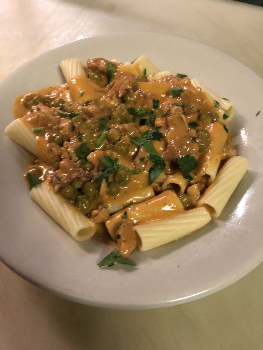 Lunch feature this week - Rigatoni with a Pancetta &amp; Peas Tomato Cream sauce