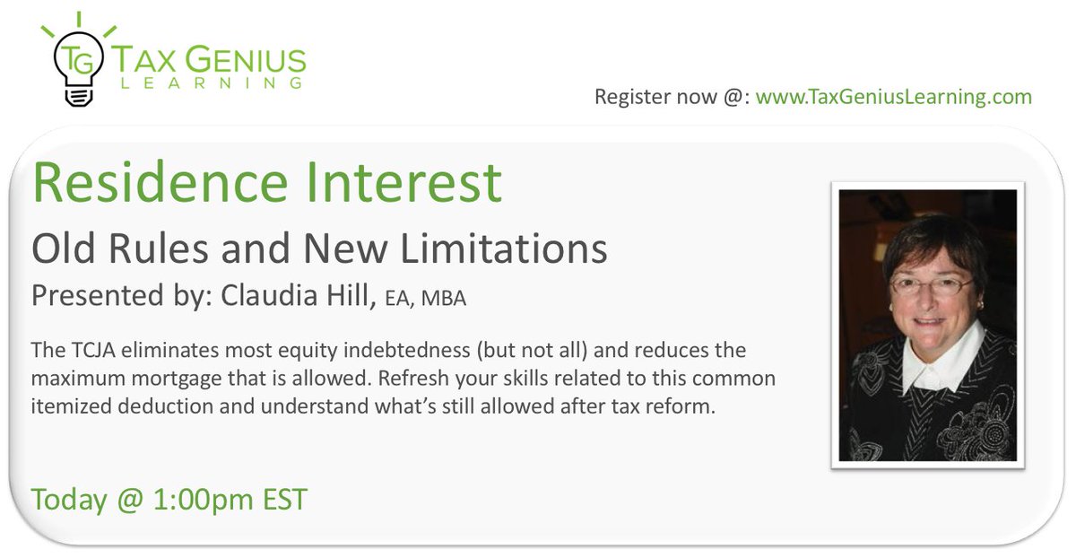 taxgeniuslearn's tweet photo. Don't miss out! Join us today with Claudia Hill at 1:00pm EST. https://t.co/y2Td6UHEnV