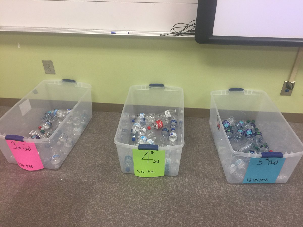 starkey_ellen's tweet photo. Preparing for our integrated STEAM project beginning tomorrow. Combining wind (to play the notes), water (different levels to create the pitches), and recycled bottles. Excited! @EmilyBoatright @NACSTEAMCamp @BrandonESIB @APSBolton https://t.co/WQ1w9PshTP