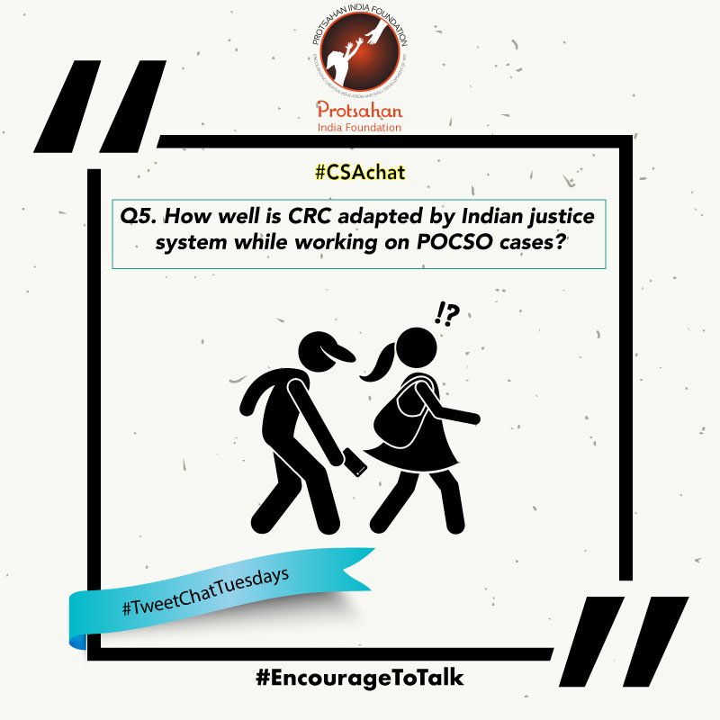 NGOProtsahan's tweet image. Our final question to you for tonight @PinguicVerse 
Q5. How well is CRC adapted by Indian justice system while working on POCSO cases? 
#CSAchat #EncourageToTalk
@ArtForCause @elsamariedsilva @sarikabhattach @kirthijayakumar @KiranManral @SwatySMalik @SwatiJaiHind @Mayank1029
