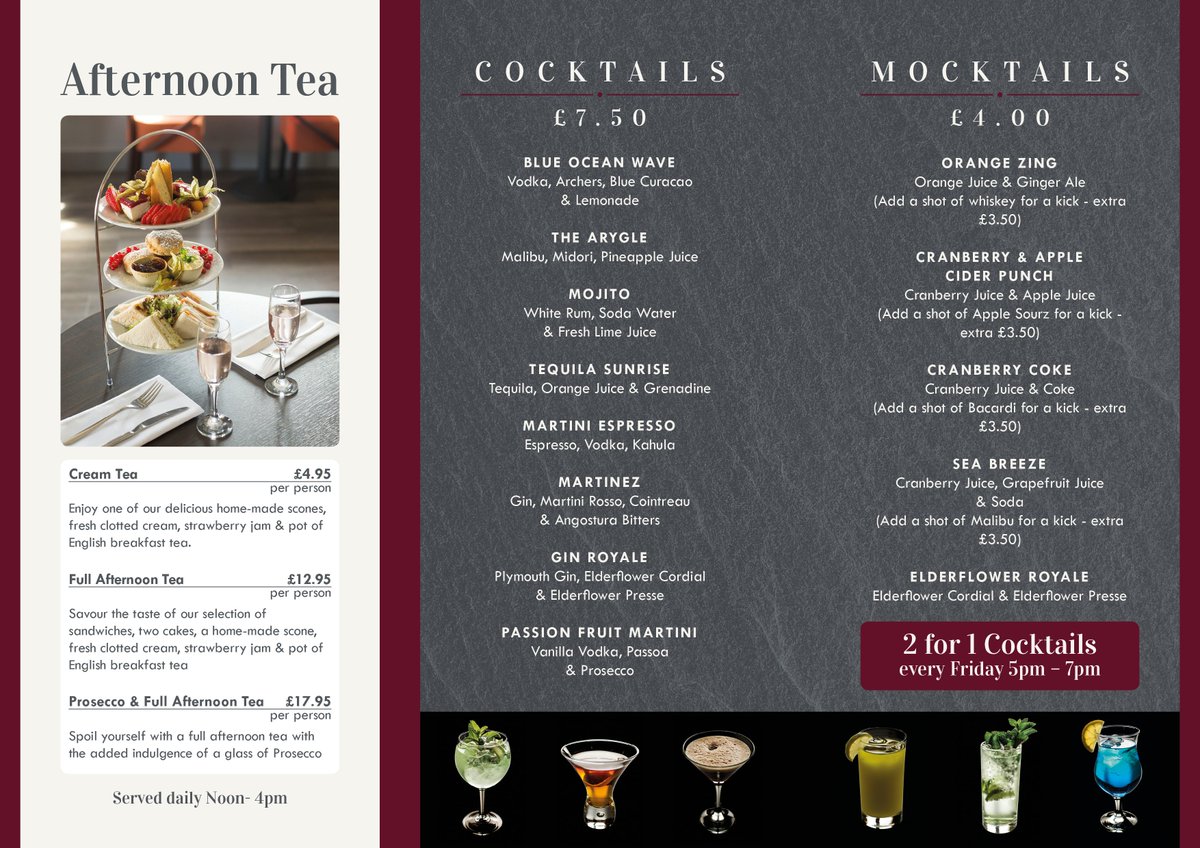 Yesss! Our new table talkers are telling us all the things we know our customers want to hear. Afternoon tea and 2 for 1 cocktails and mocktails! We're a particular fan on the the Argyle - #PatrioticPlymothians #241cocktails