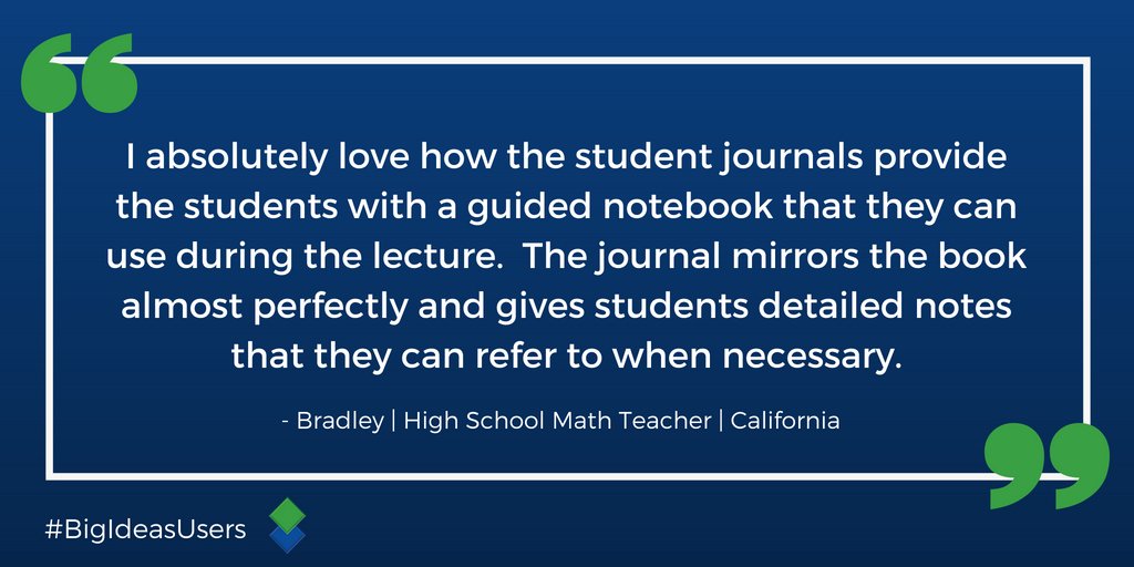 BigIdeasMath's tweet photo. Big Ideas Math journals are a valuable resource where students can solve extra practice problems, take notes &amp; internalize new concepts by expressing their finding in their own words! Bradley from CA agrees that these journals are pretty awesome 🙂  #BigIdeasUsers #NatGeoLearning https://t.co/jXU9yXiBbA