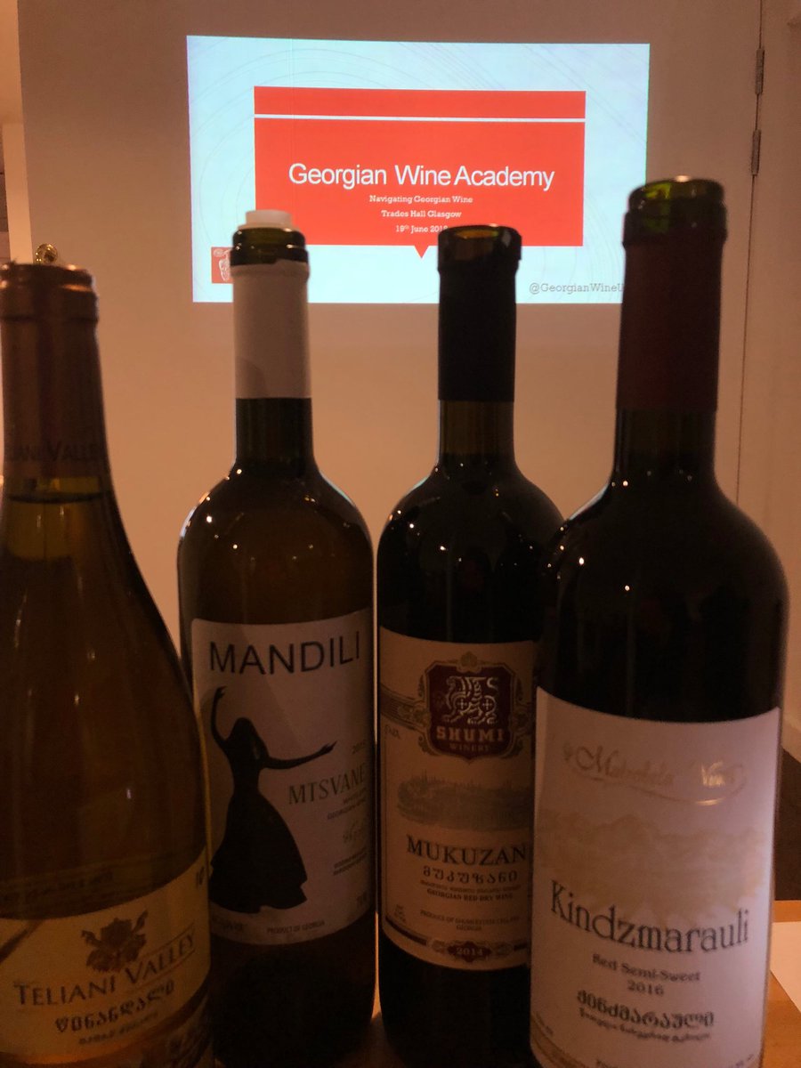 SarahAbbottMW's tweet photo. Ready for #Georgianwine tasting in #Glasgow. Here, some lovely examples from @TelianiValley1, Mandili from @LesCavesPyrene, & #Shumi & #Matrobela from @TasteOfGeorgia @EkaCox https://t.co/QwljY8jlls