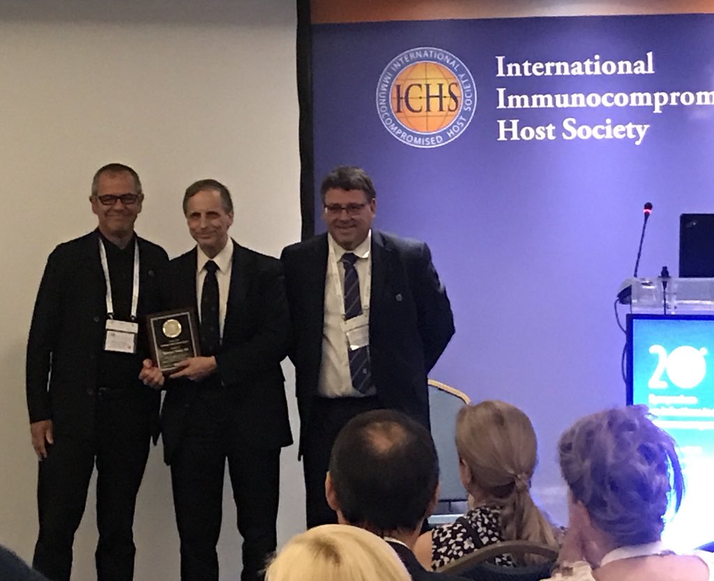 DrJanPatterson's tweet photo. Dr Thomas Walsh receiving the Inaugural Lifetime Achievement Award from Dr Thomas Patterson PastPres and Dr Dmitrios Kontyannis Pres #ImmunocompromisedHostSociety #ICHS2018 #Athens @doctorfungus https://t.co/P73i5W7pp8