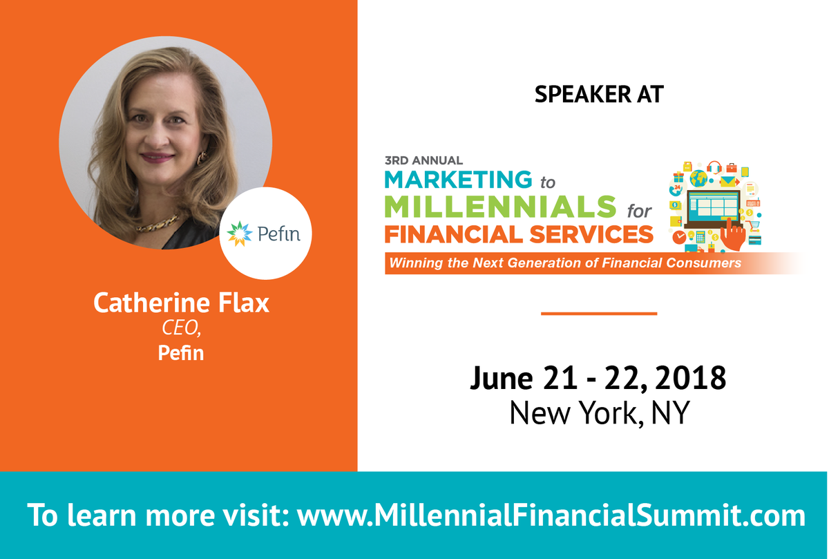Pefin CEO, <a href="/CatherineFlax/">Catherine Flax</a>, will be at the 3rd Annual <a href="/MillenFinServ/">Millennial FinServ</a> on Thursday June 21st at 9.30am. Flax will be moderating the Power Panel; What Works, What Doesn't and How to Win Hearts and Minds. ow.ly/46eF30kytFl #millennials #ceo #ai #heartsandminds #wednesdaywisdom