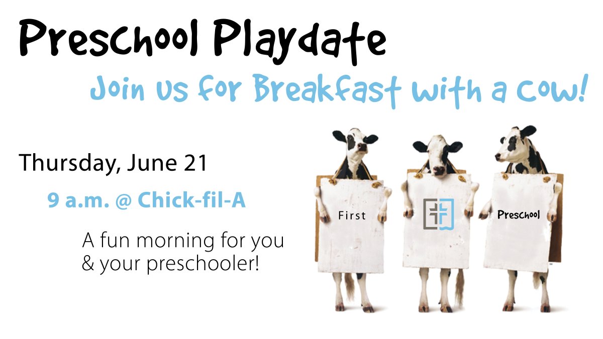 fbcdecatural's tweet photo. Calling all preschoolers!! Join us at Chick-fil-A for 'Breakfast with the Cow' for our first Preschool Play Date on Thursday // 9am https://t.co/NIARQs8SgX