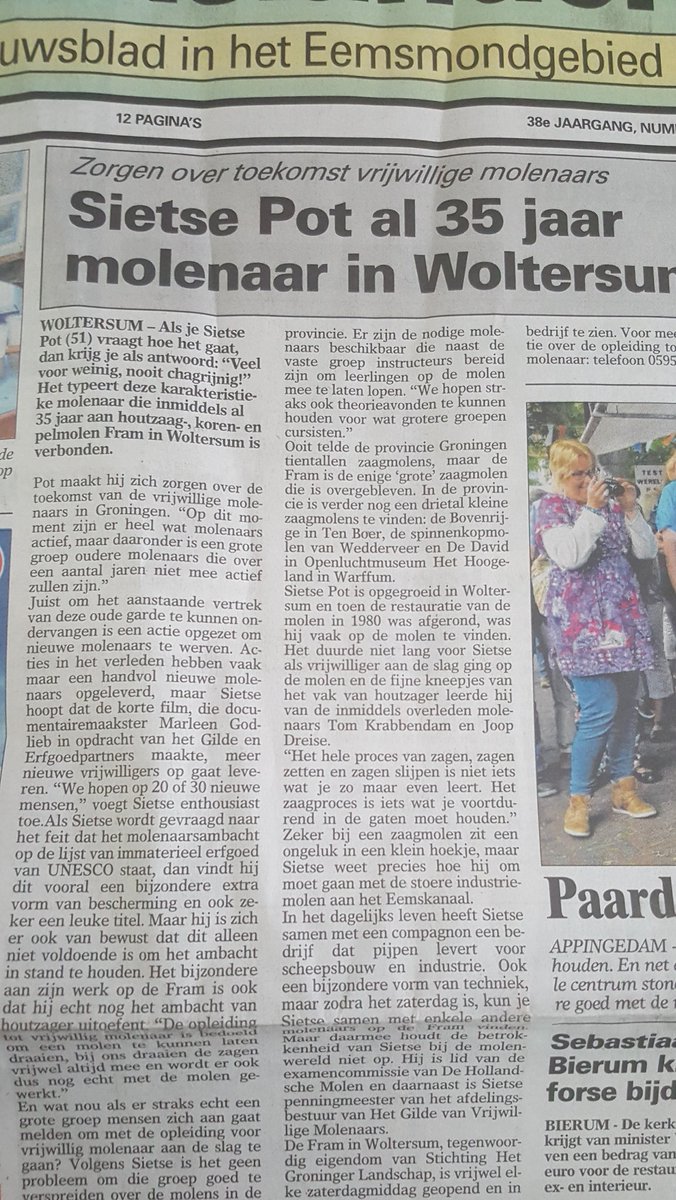 Leuk stuk op de voorpagina van de Eemslander over molenaar Sietse Pot <a href="/Sietse17078120/">Sietse</a> van molen De Fram in Woltersum. 35 jaar! Das n beste zet mien jonkie. Op naar de volgende 35 wat <a href="/GR_Landschap/">Het Groninger Landschap</a>  betreft.