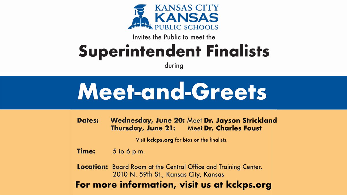 kckschools's tweet photo. Meet-and-Greet our Superintendent Finalists! Learn more about them at https://t.co/K6rmkegVpb. https://t.co/UJ9lcr0sPl