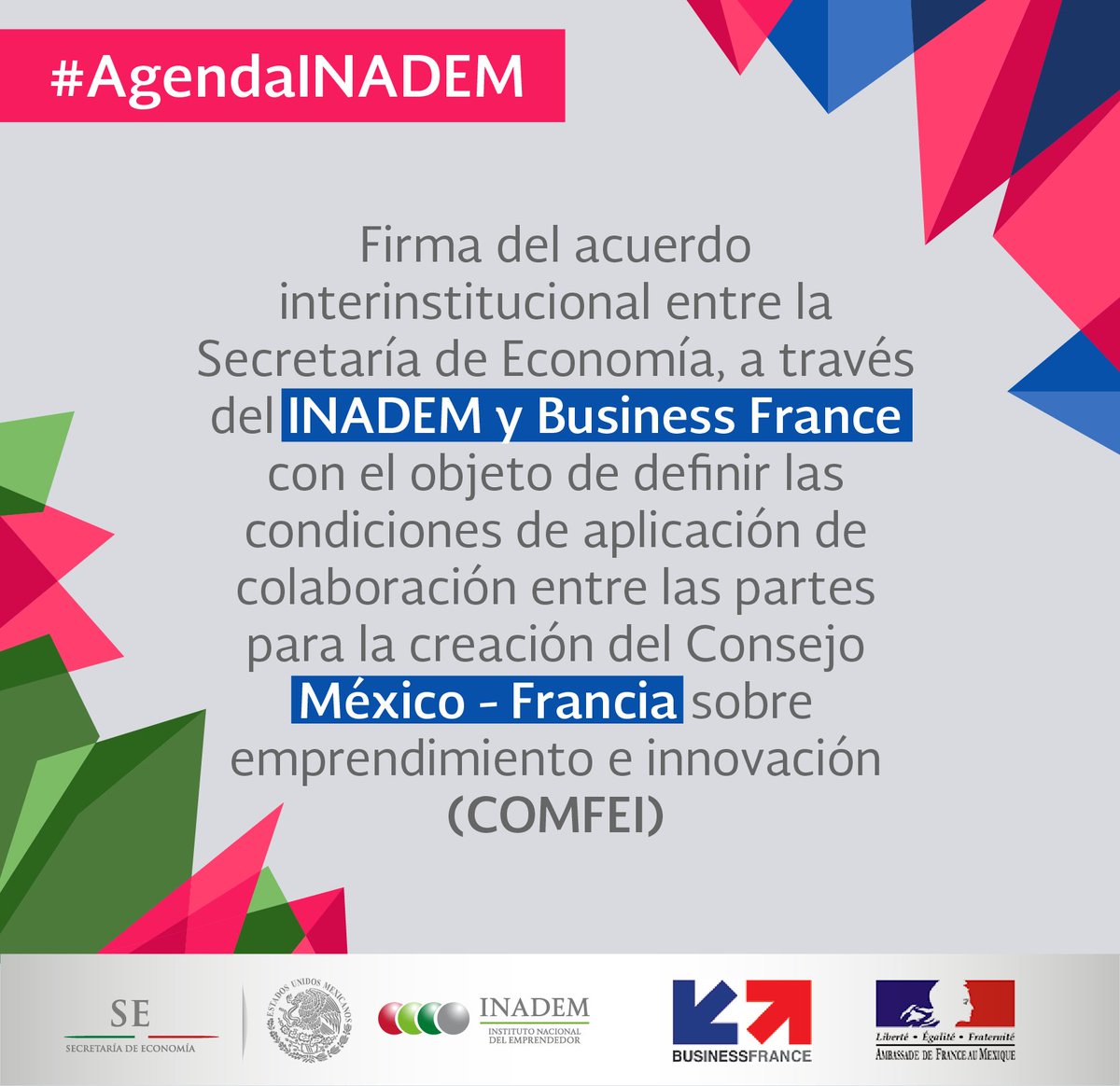 _ALVAROPEREIRA's tweet photo. Retweeted INADEM (@INADEM_SE):
#AgendaINADEM Se lleva a cabo la firma de convenio entre @INADEM_SE y @BF_Mexique 🇲🇽 🇫🇷 #COMFEI https://t.co/EhvnwP8eOA https://t.co/ur5bcEKDSh