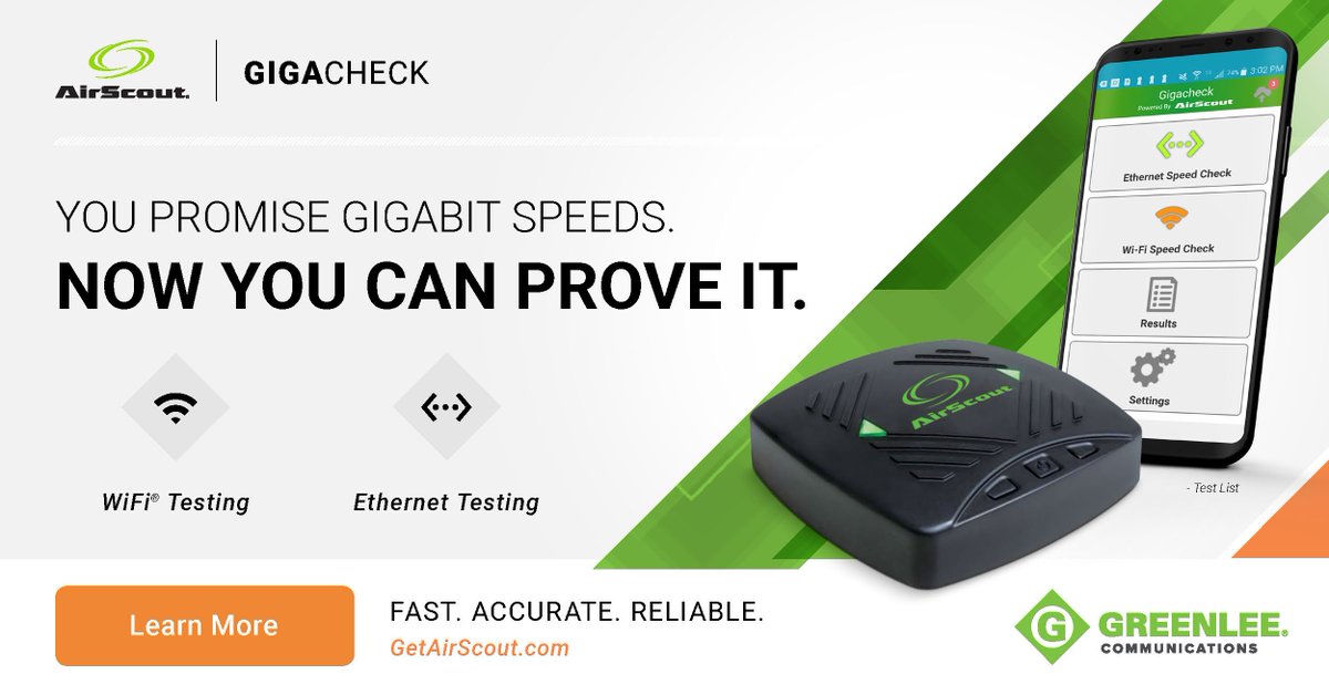 GreenleeComms's tweet photo. You promise gigabit speeds – now you can prove it! AirScout GigaCheck quickly & easily tests WiFi coverage & wired Ethernet connection speeds up to 1Gbps in real-time. Watch our Video https://t.co/NCPQsw7QRU #GetAirScout #WifiAnalyzer #wifitesting #TestEthernet #GreenleeComms https://t.co/bRauqJpGS3