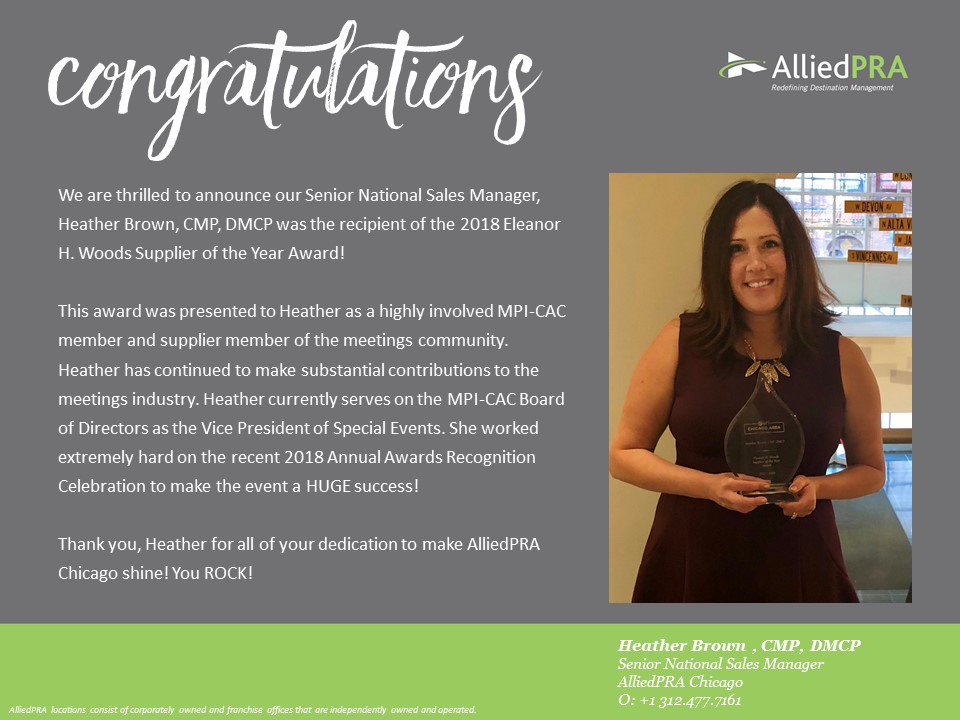 PRA_Chicago's tweet photo. #AlliedPRAChicago is thrilled to announce our Senior National Sales Manager, Heather Brown, was the recipient of the 2018 Eleanor H. Woods Supplier of the Year Award! #eventprofs #chicagodmc #MPICAC40 https://t.co/Npr7CYLDR1