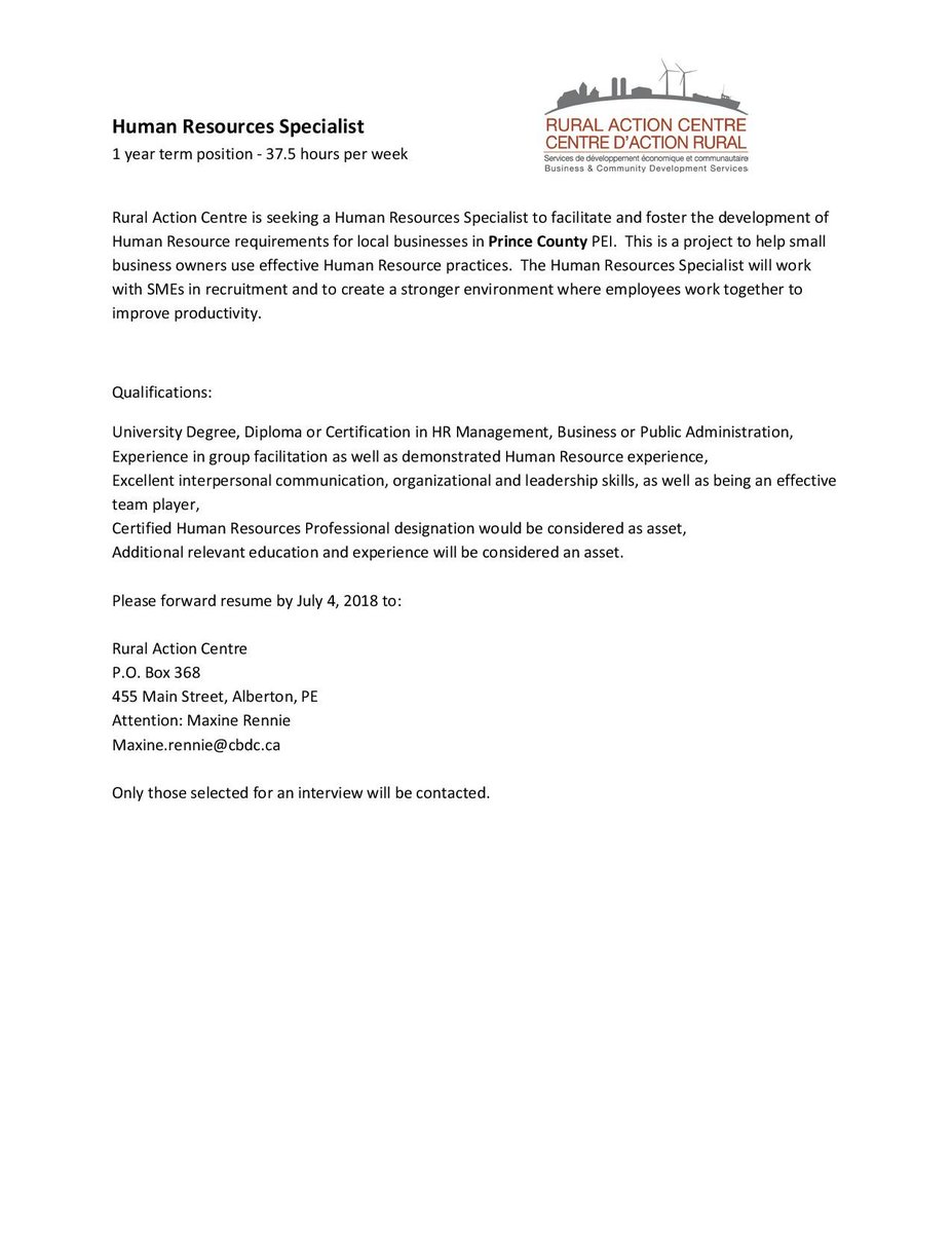 Human Resource Specialist position <a href="/action_rural/">Rural Action Centre</a>  Alberton