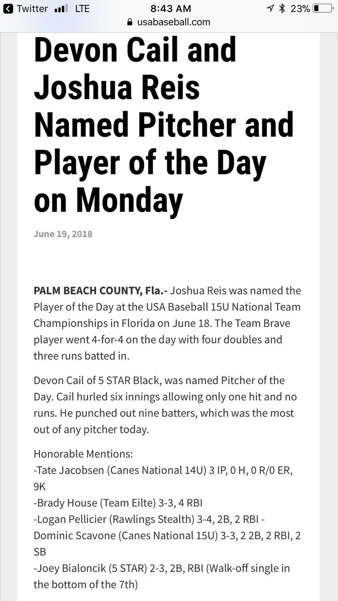schawncail08's tweet image. Great job Dev!!! @USABChamps_East Pitcher of the Day!! @5starnational @devcail8