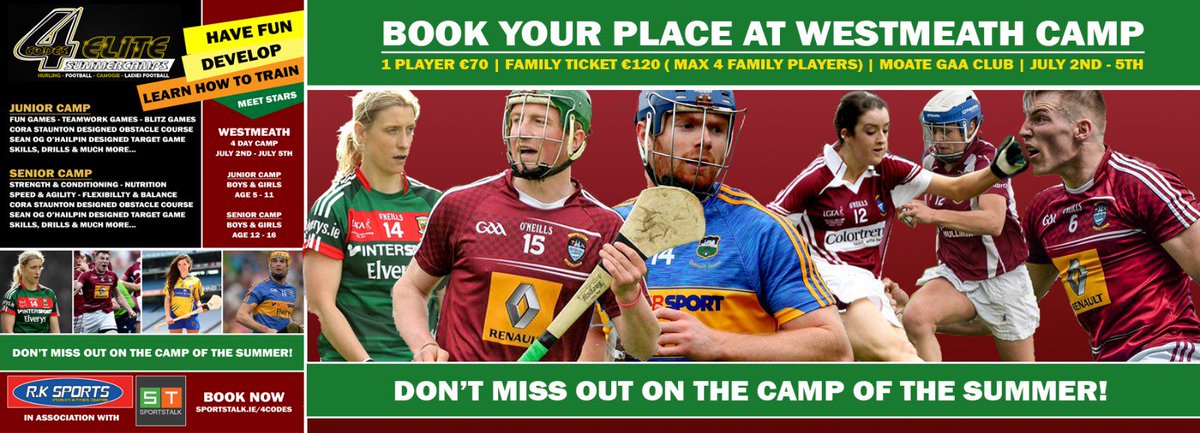 Really looking forward to the 4Codes Elite Summer Camp taking place 2- 5th July at Moate GAA. Great opportunity to improve your skills and have some fun. To book your place visit 4codes.sportstalk.ie
#4codes
