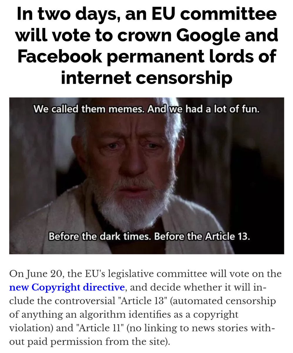 randfish's tweet image. So GDPR was *nothing* compared to Article 13, through which the EU will literally be ending Rhe Internet as we know it, and making Google/Facebook the only entities that can afford to keep up with their rules. Horrifying. 
boingboing.net/2018/06/18/asy…