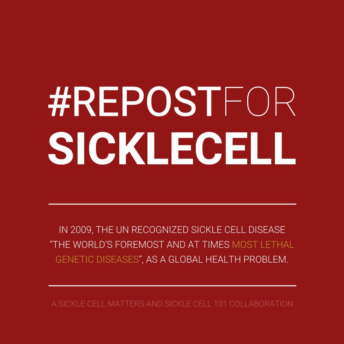 sicklecell101's tweet image. On Dec 22, 2008 the General Assembly of the UN recognized #sicklecell disease as a global public health concern. This resolution encouraged raising awareness at an international level on June 19 annually. The first #WorldSickleCellDay was celebrated in 2009.

#RepostForSickleCell