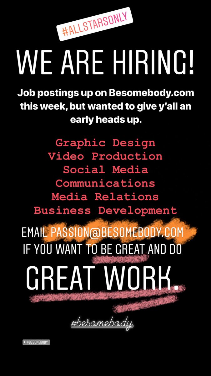 We are hiring at Besomebody, Inc. 

Graphic Design
Video Production
Social Media
Communications
Media Relations
Business Development 

All jobs based at our new HQ in Cincinnati, OH. 

Email passion@besomebody.com with resume and cover letter if interested. #besomebody.