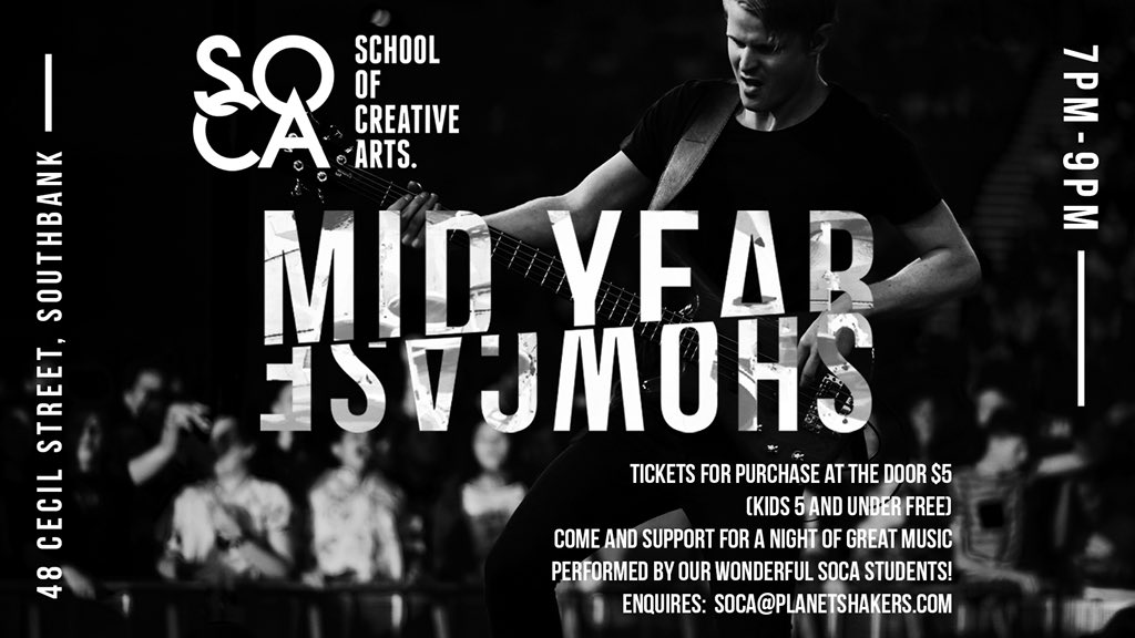 Get ready! The SOCA Mid Year Showcase is happening on June 30th! Come along and support our wonderful SOCA Students! Details are in the photo - and we can’t wait to see you there!

#planetshakers #pssoca #showcase