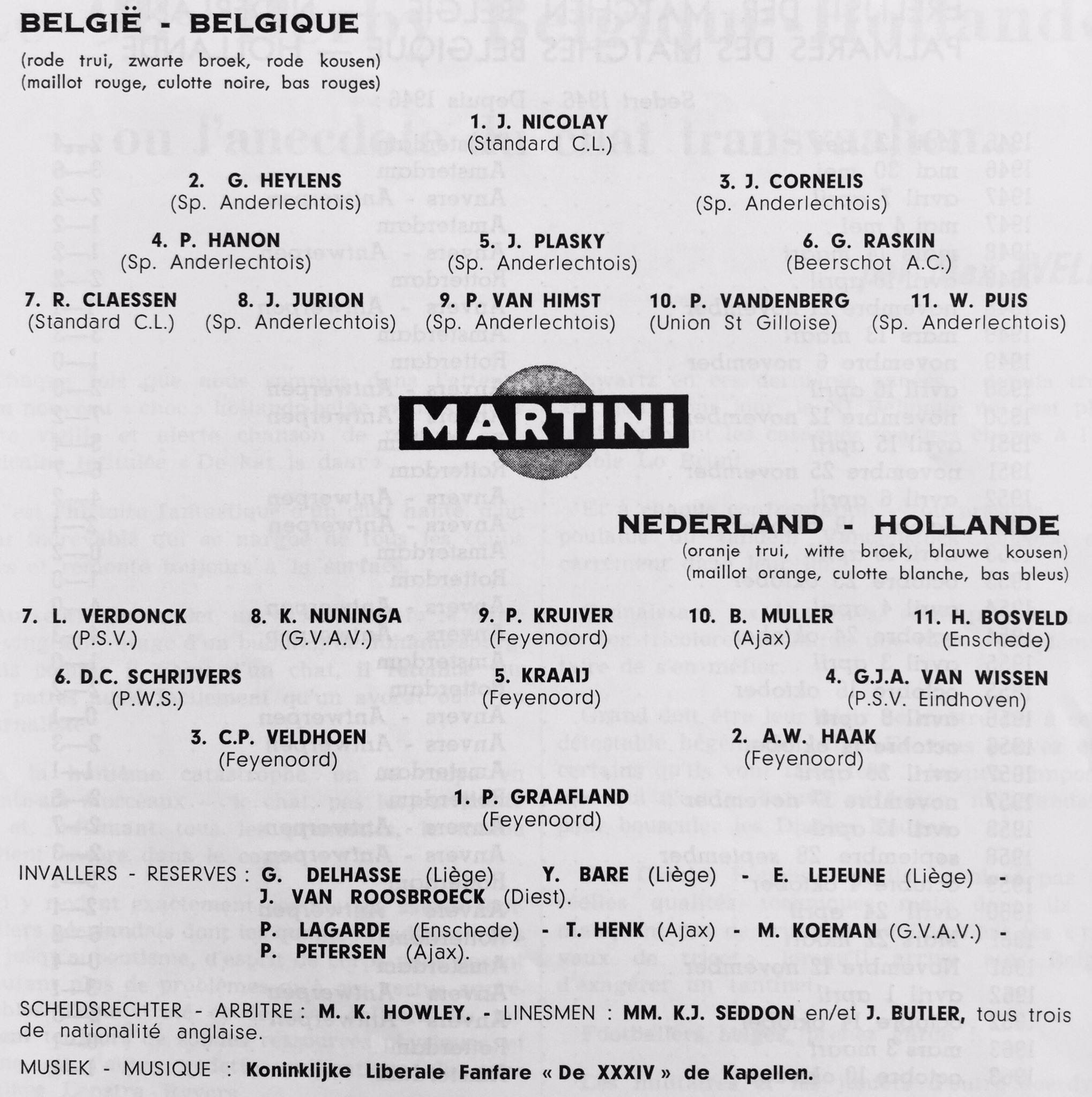 Mal Winkles Football Nostalgia Belgium V Holland Friendly At Bosuilstadion Antwerp 22 3 1964 0 0 Att 43 405