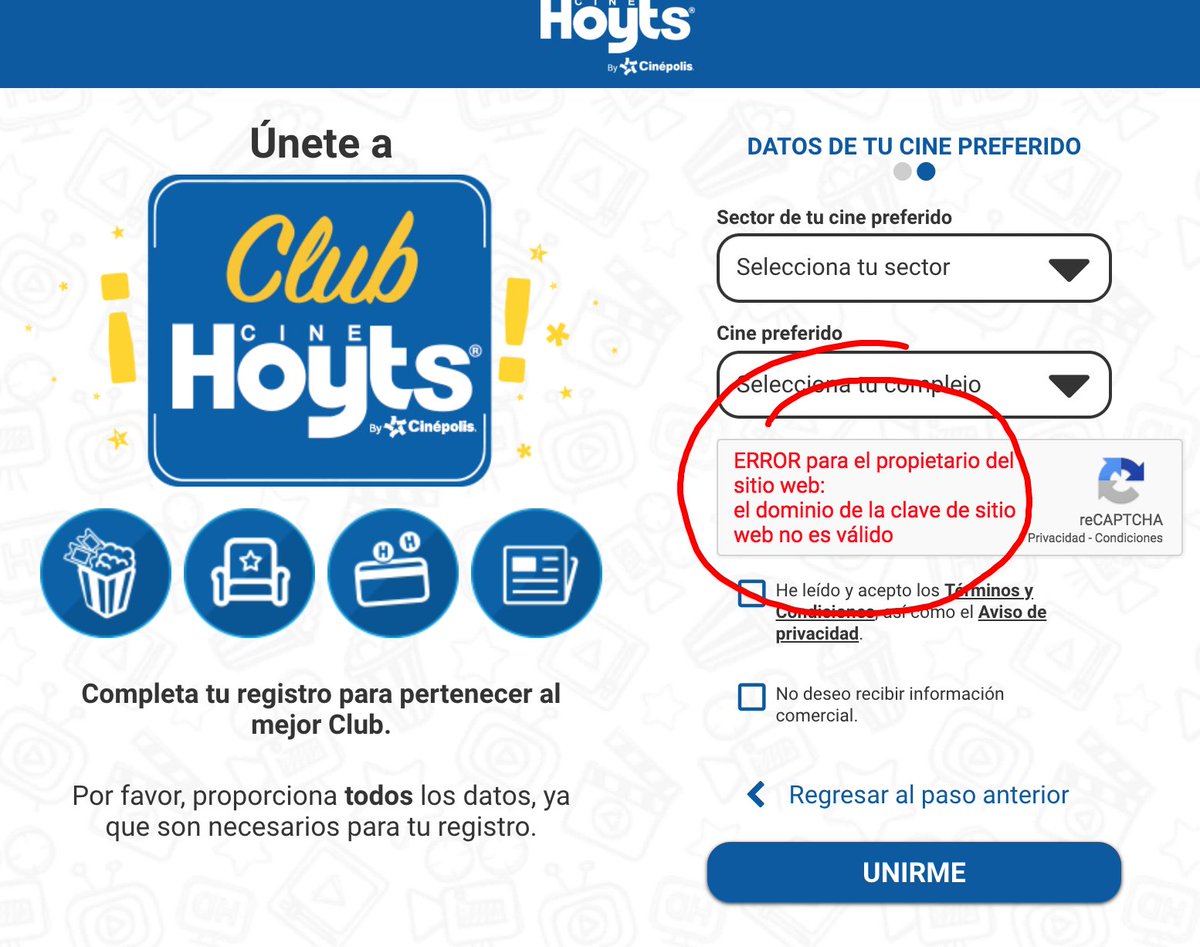 Hey @CineHoytsChile Intenté registrarme en el Club, pero su sitio tiene problemas con el Captcha. Me lo arreglan?