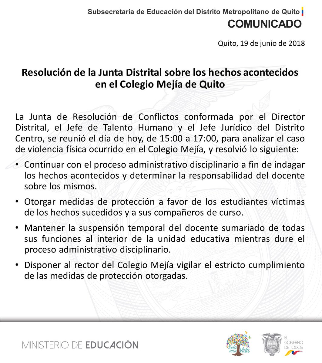 EducacionZ9_Ec's tweet photo. COMUNICADO | Resolución de la Junta Distrital sobre los hechos acontecidos en el Colegio Mejía de Quito https://t.co/AKF82UC4fP