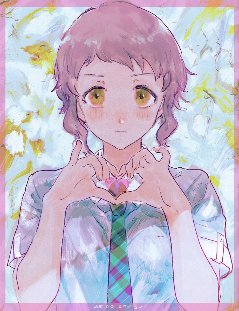 1girl solo necktie heart heart hands short hair looking at viewer  illustration images