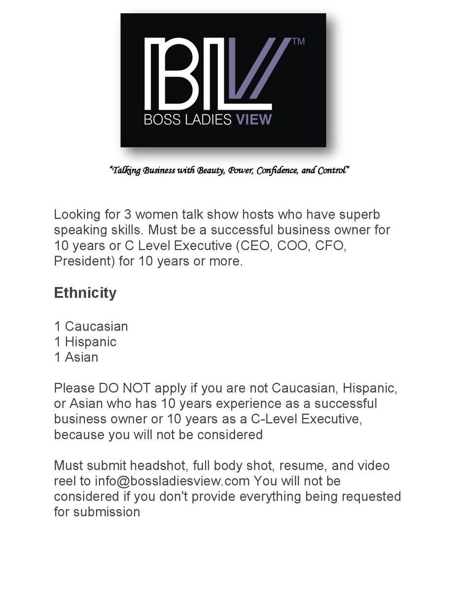 iambossladymae's tweet photo. Looking for 3 Women Business Owners to be the hosts of a new talk show! Submit to info@bossladiesview.com. Make sure you read carefully all the qualifications before applying. https://t.co/gIwVuZLgyC