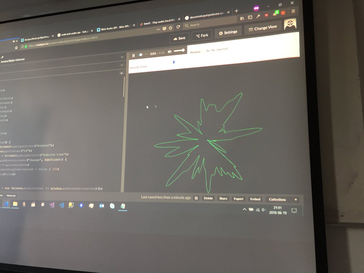 DonKarlssonSan's tweet image. Some @CodePen hacking tonight with Jonathan. Theme: #WebAudioApi 🎚
🔊
This is an audio analyser.