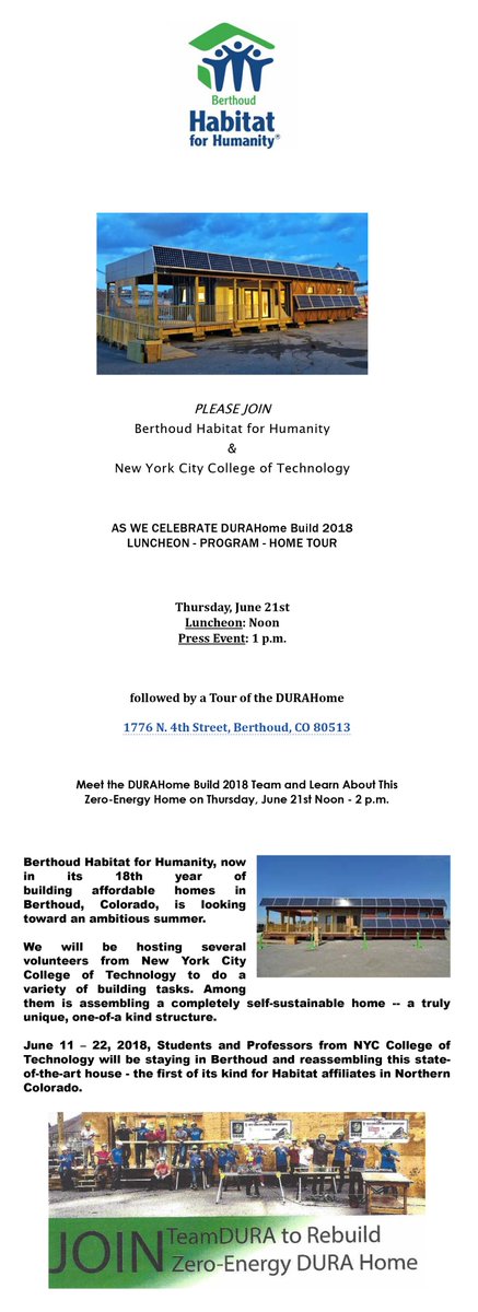 TeamDURA_SD's tweet photo. Yay!!! DURAHome Build 2018 Luncheon! New York City College of Technology and Habitat for Humanity, Berthoud, CO. Thursday June 21st Noon - 1400 @solar_decathlon @CityTechAlumni @CityTechOpenLab @CityTechNews @CityTechLibrary https://t.co/Hem4G6q1HD