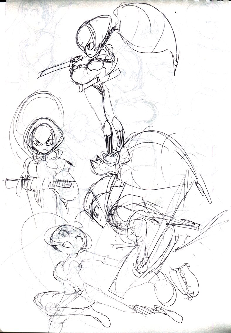 Here are some raw scans of some sketches of my roach mutant character, Fallout. The one with the insectoid looking ponytail is Jewel, an emerald wasp themed mutant. ... So you know that's going to be fun times lol 