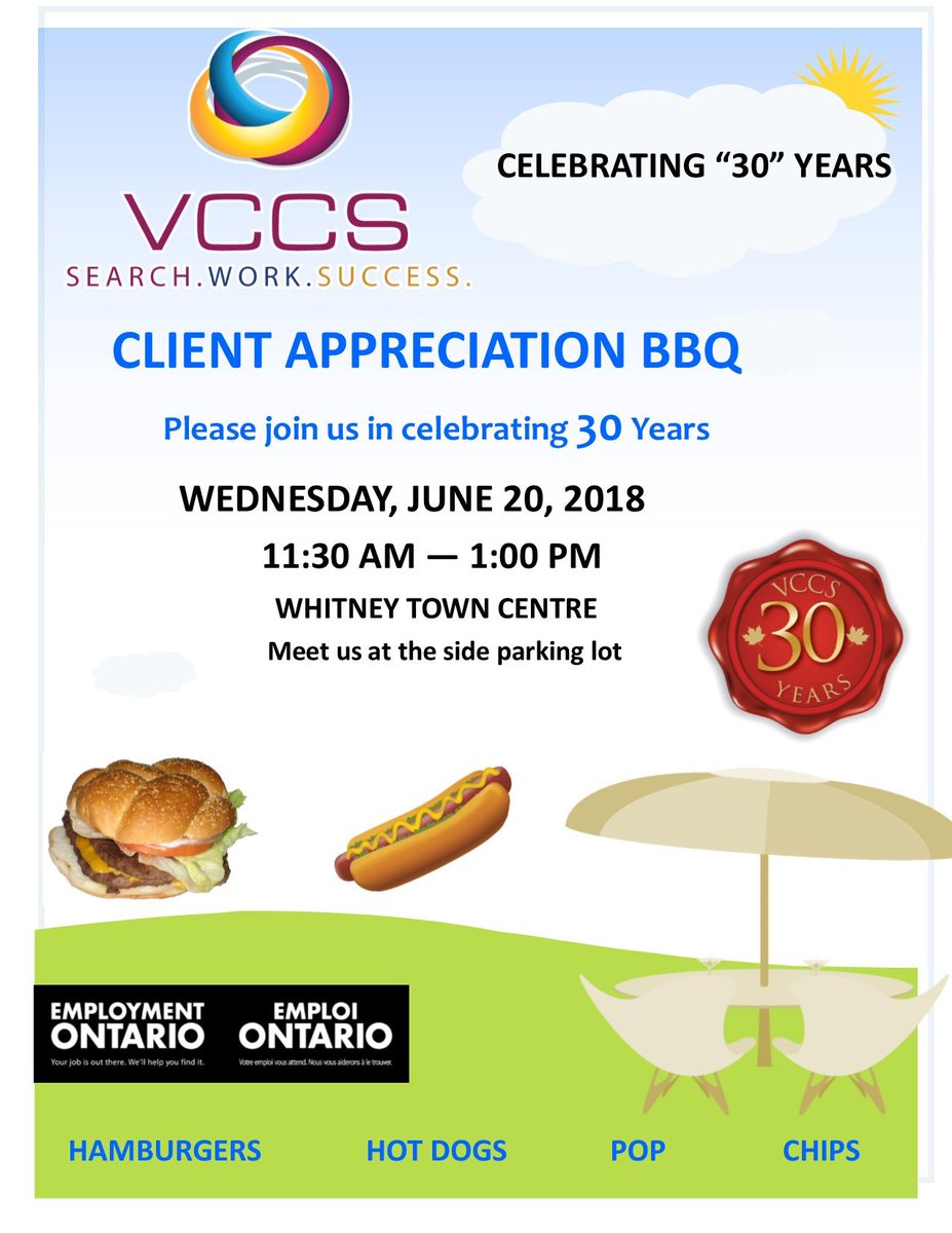 vccsemployment's tweet image. Tomorrow 11:30-1pm is our #clientappreciation #bbq! We can't wait to celebrate our #30yearsofservice with you! Not a #client yet? Come by #tomorrow, enjoy some food and get registered for help with your #jobsearch! #employmentontario #ckl #Lindsay #VCCS