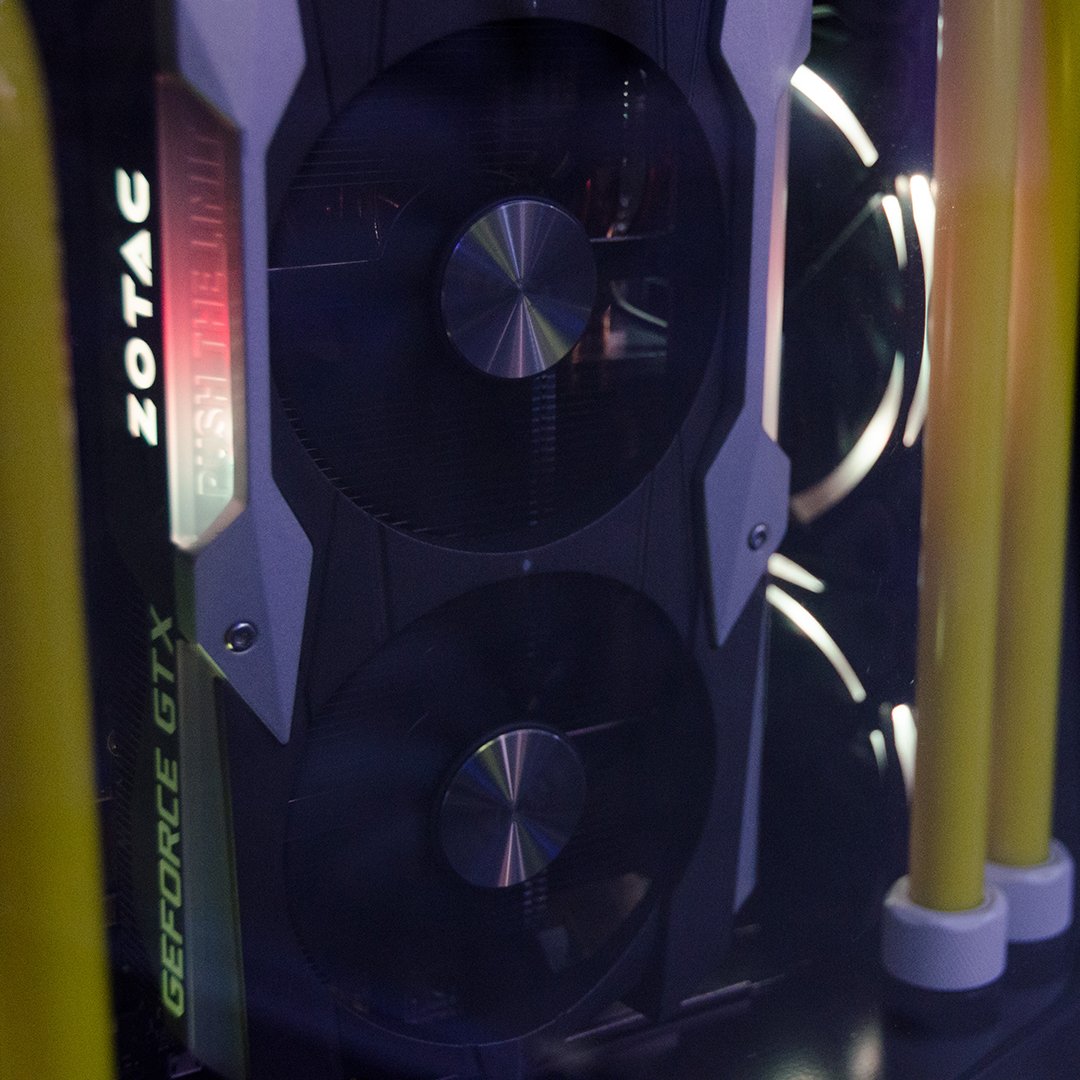 ZOTAC_USA's tweet photo. Close up on the ZOTAC #GeForce GTX 1080 Ti AMP Extreme case mod #PushTheLimit #LiveToGame #GraphicsCard #UltimateGEFORCE #COMPUTEX2018 https://t.co/8qZhZt1vda